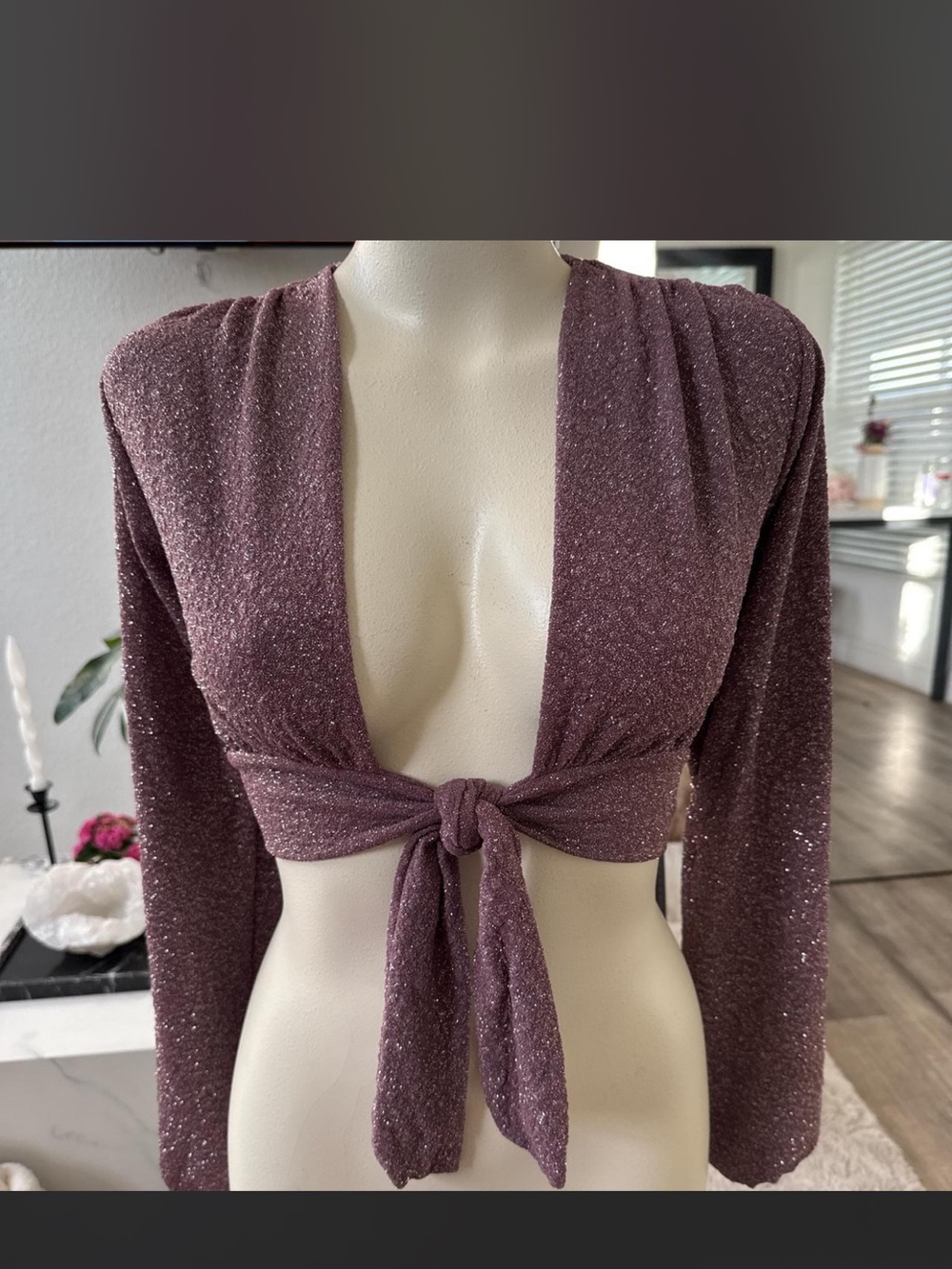 Windsor Mauve Sparkle Tie-Front Long Sleeve Crop Top